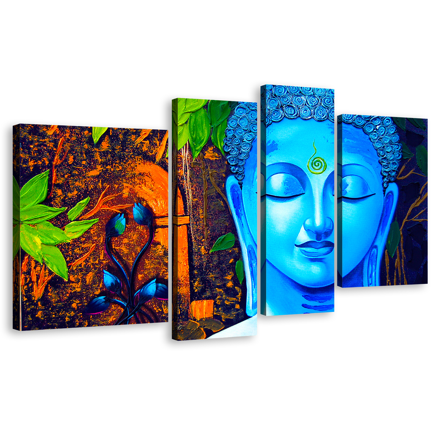 Peaceful Buddha Canvas Wall Art, Buddha Meditation 4 Piece Multi Canvas, Blue Buddha Close Up Canvas Print