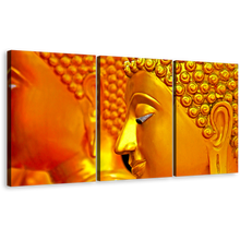 Load image into Gallery viewer, Peaceful Buddha Canvas Wall Art, Gold Buddha 3 Piece Multi Canvas Artwork, Buddha Statue Canvas Print
