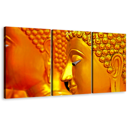 Peaceful Buddha Canvas Wall Art, Gold Buddha 3 Piece Multi Canvas Artwork, Buddha Statue Canvas Print