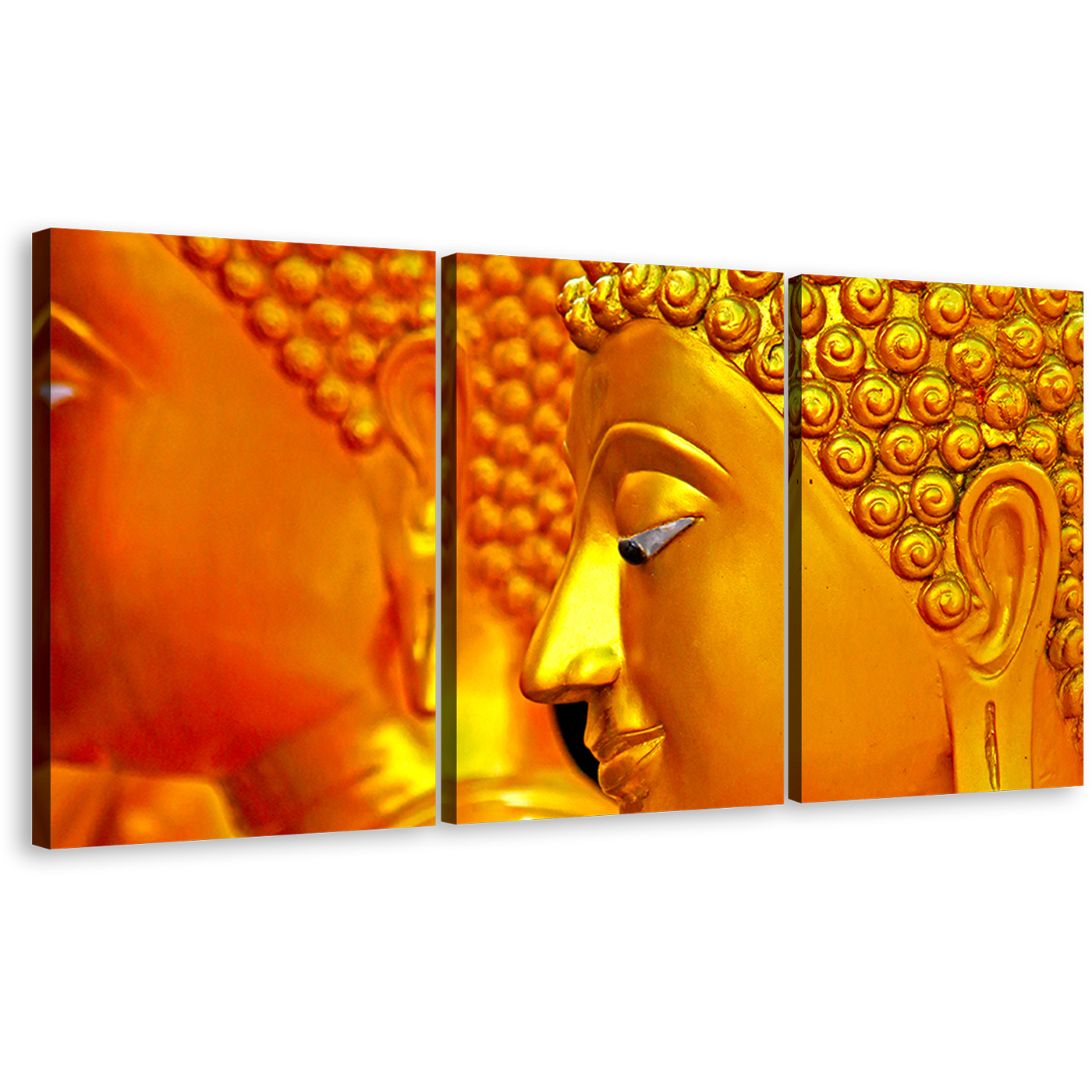 Peaceful Buddha Canvas Wall Art, Gold Buddha 3 Piece Multi Canvas Artwork, Buddha Statue Canvas Print