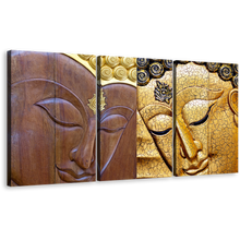 Load image into Gallery viewer, Peaceful Buddha Canvas Wall Art, Lord Buddha 3 Piece Canvas Set, Yellow Brown Buddha Faces Canvas Print
