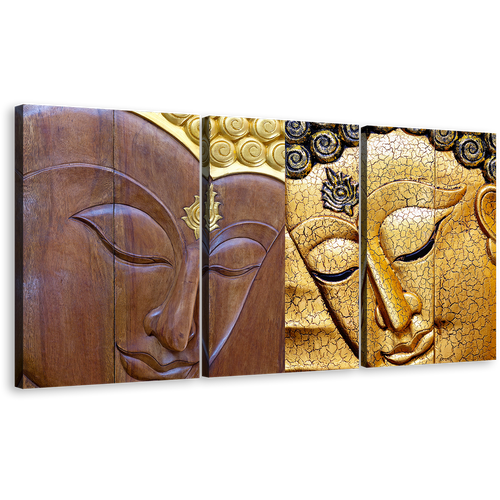 Peaceful Buddha Canvas Wall Art, Lord Buddha 3 Piece Canvas Set, Yellow Brown Buddha Faces Canvas Print