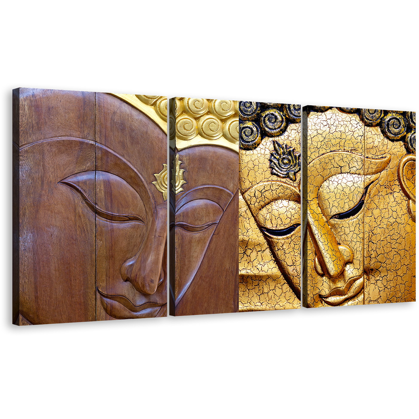 Peaceful Buddha Canvas Wall Art, Lord Buddha 3 Piece Canvas Set, Yellow Brown Buddha Faces Canvas Print