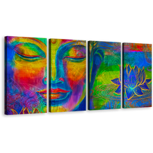 Load image into Gallery viewer, Peaceful Buddha Canvas Wall Art, Lord Buddha Faces Canvas Print, Colorful Buddha 4 Piece Canvas Set
