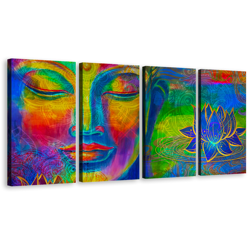 Peaceful Buddha Canvas Wall Art, Lord Buddha Faces Canvas Print, Colorful Buddha 4 Piece Canvas Set