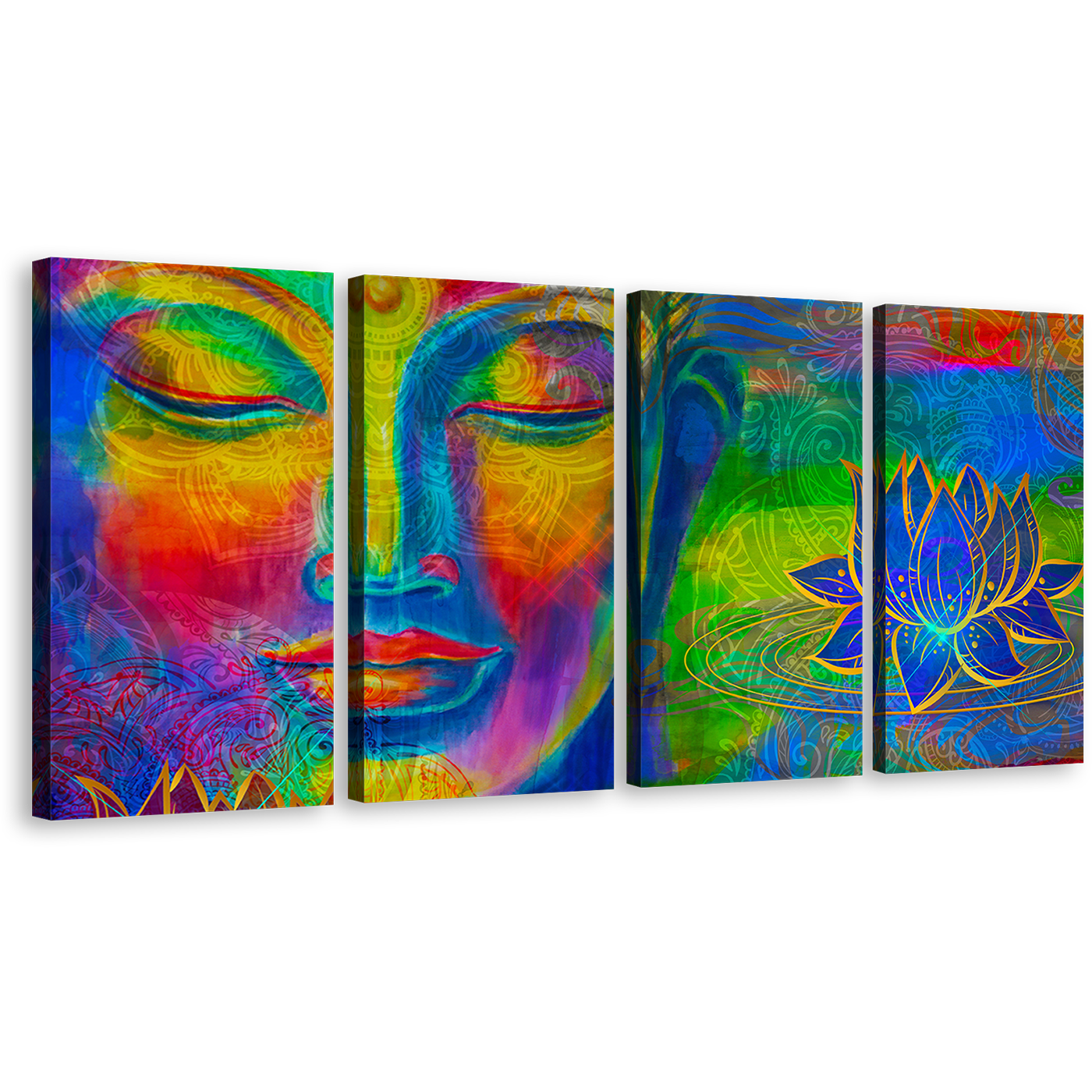 Peaceful Buddha Canvas Wall Art, Lord Buddha Faces Canvas Print, Colorful Buddha 4 Piece Canvas Set