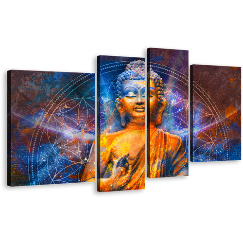 Peaceful Buddha Canvas Wall Art, Orange Buddha Meditation 4 Piece Canvas Print, Blue Lights Lord Buddha Multiple Canvas