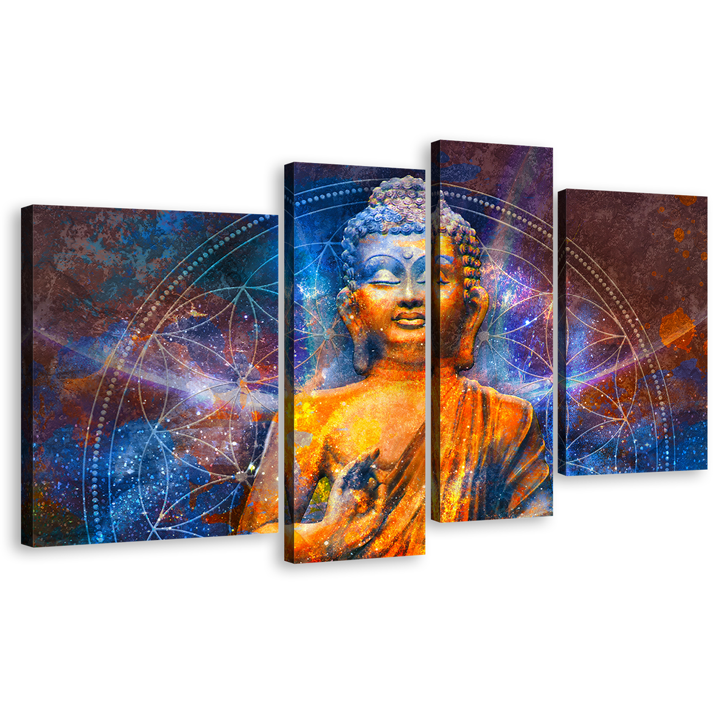 Peaceful Buddha Canvas Wall Art, Orange Buddha Meditation 4 Piece Canvas Print, Blue Lights Lord Buddha Multiple Canvas