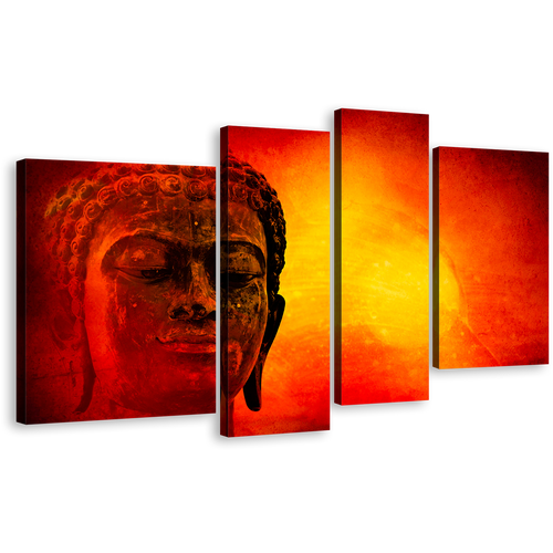 Peaceful Buddha Canvas Wall Art, Red Yellow Sky Buddha Canvas Print, Buddha Face 4 Piece Multiple Canvas