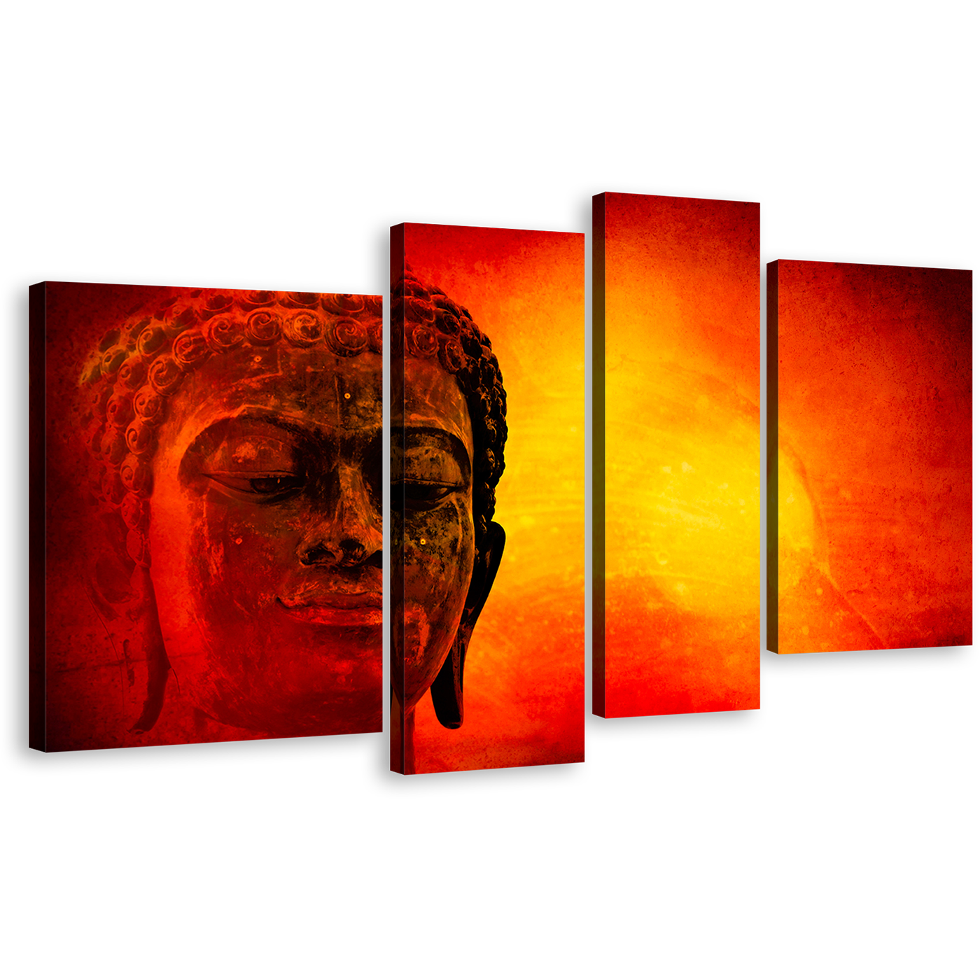 Peaceful Buddha Canvas Wall Art, Red Yellow Sky Buddha Canvas Print, Buddha Face 4 Piece Multiple Canvas