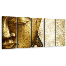 Load image into Gallery viewer, Peaceful Buddha Canvas Wall Art, Yellow Meditation Buddha Close Up 5 Piece Canvas Print, Gold Buddha Statue Multi Canvas Artwork
