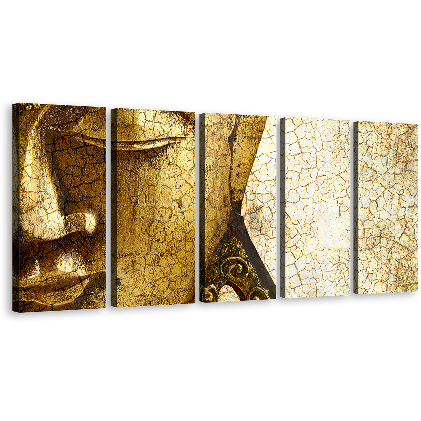 Peaceful Buddha Canvas Wall Art, Yellow Meditation Buddha Close Up 5 Piece Canvas Print, Gold Buddha Statue Multi Canvas Artwork