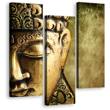 Load image into Gallery viewer, Peaceful Buddha Wall Art, Beautiful Gold Statue Multiple Canvas, Yellow Meditation Buddha Close Up 3 Piece Canvas Print
