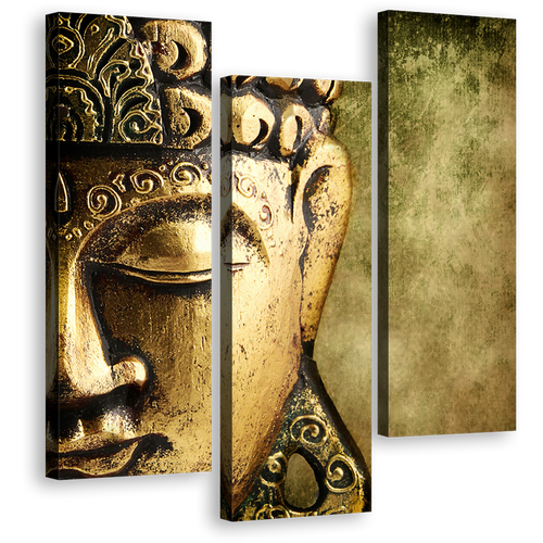 Peaceful Buddha Wall Art, Beautiful Gold Statue Multiple Canvas, Yellow Meditation Buddha Close Up 3 Piece Canvas Print