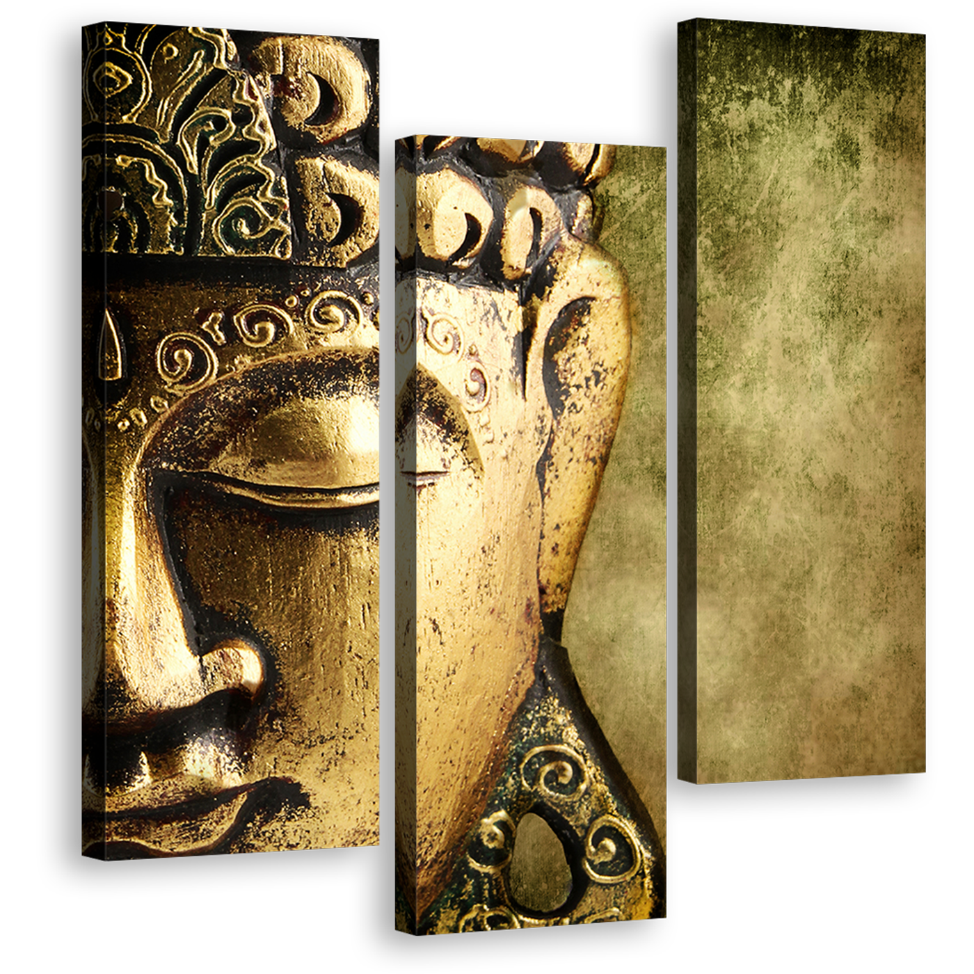 Peaceful Buddha Wall Art, Beautiful Gold Statue Multiple Canvas, Yellow Meditation Buddha Close Up 3 Piece Canvas Print