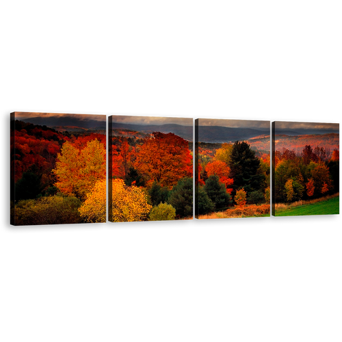 Peaceful Scenery Canvas Print, Yellow Forest Nature Landscape 4 Piece Wall Art, Vermont Red Trees Scenery Multi Canvas