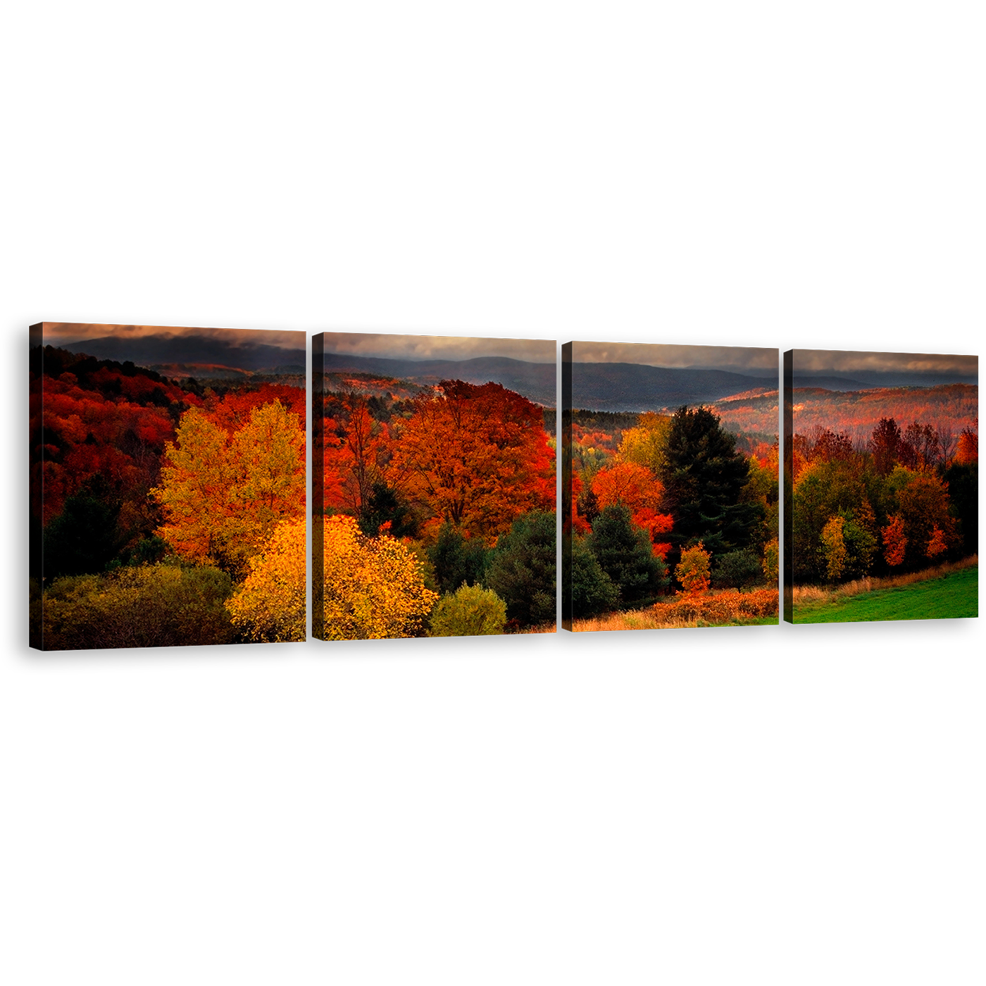 Peaceful Scenery Canvas Print, Yellow Forest Nature Landscape 4 Piece Wall Art, Vermont Red Trees Scenery Multi Canvas