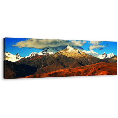 Peru Landscape Wall Art, Brown Cordillera Blanca Mountain Panoramic Canvas Print, South America Blue Cloudy Sky Wide Canvas Art