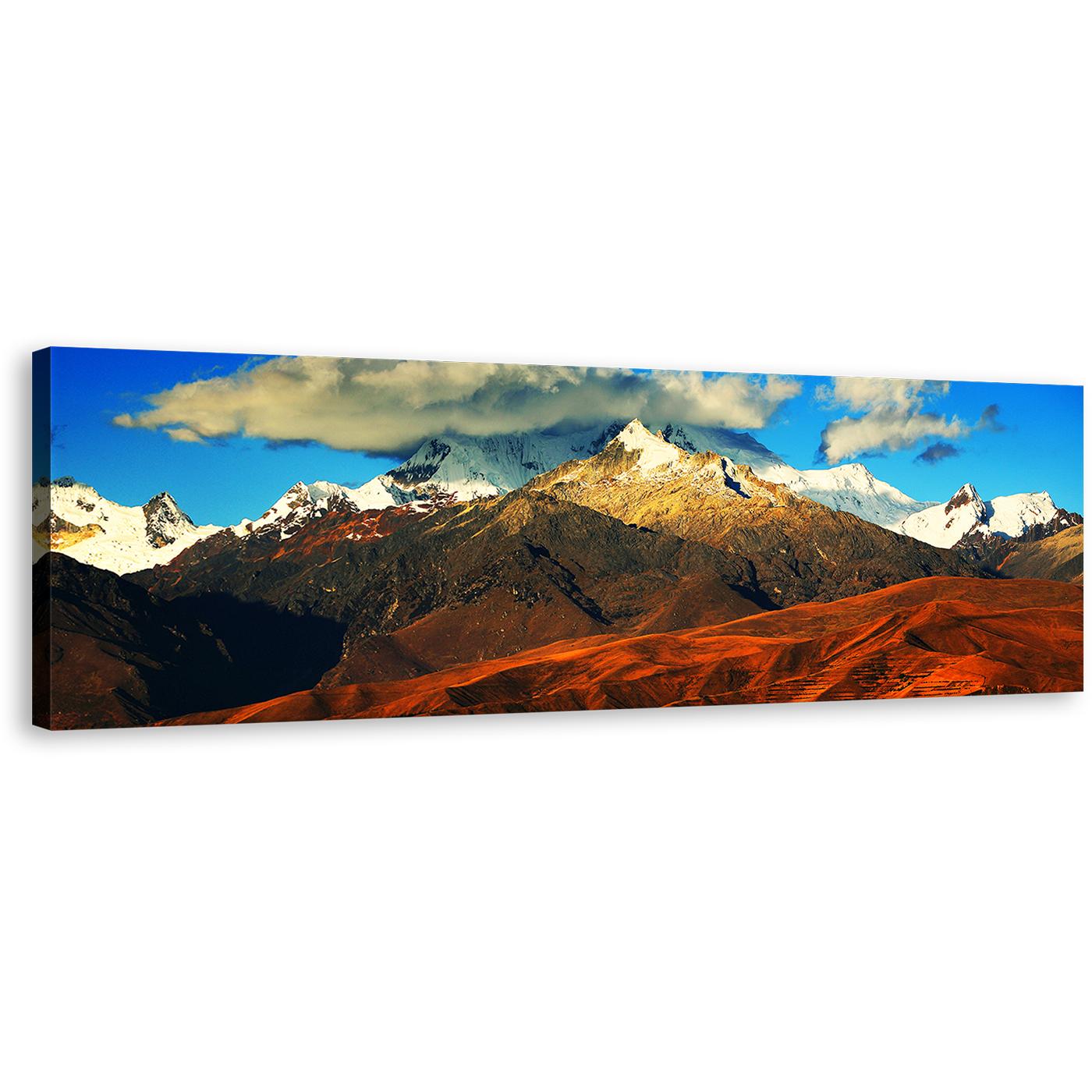 Peru Landscape Wall Art, Brown Cordillera Blanca Mountain Panoramic Canvas Print, South America Blue Cloudy Sky Wide Canvas Art