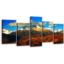 Load image into Gallery viewer, Peru Mountain Canvas Print, Blue Cloudy Sky Landscape Wall Art, Snow Covered Brown Cordillera Blanca Mountain 5 Piece Canvas Set
