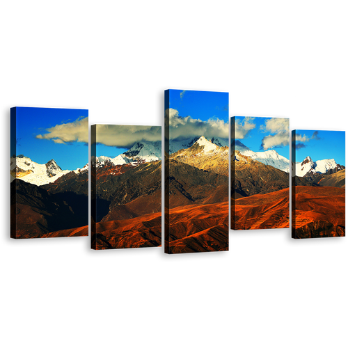 Peru Mountain Canvas Print, Blue Cloudy Sky Landscape Wall Art, Snow Covered Brown Cordillera Blanca Mountain 5 Piece Canvas Set