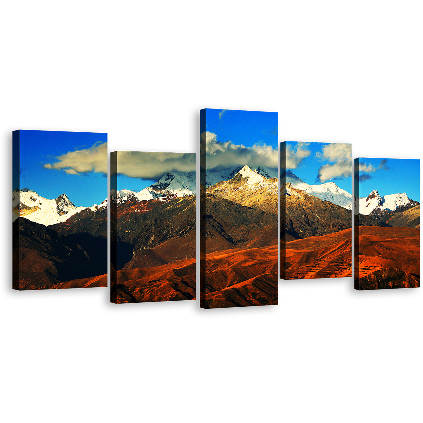 Peru Mountain Canvas Print, Blue Cloudy Sky Landscape Wall Art, Snow Covered Brown Cordillera Blanca Mountain 5 Piece Canvas Set