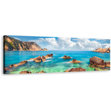 Load image into Gallery viewer, Petani Beach Canvas Wall Art, Blue Cephalonia Island 1 Piece Canvas Print, Mediterranen Sea Brown Ocean Rocks Wide Canvas
