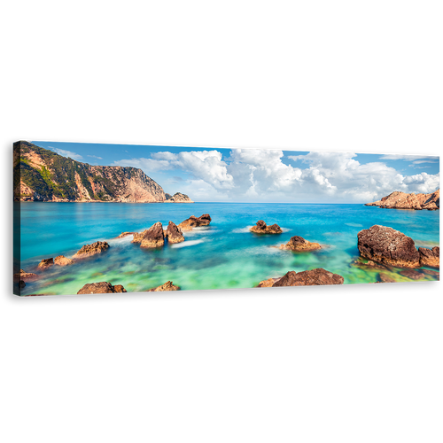 Petani Beach Canvas Wall Art, Blue Cephalonia Island 1 Piece Canvas Print, Mediterranen Sea Brown Ocean Rocks Wide Canvas