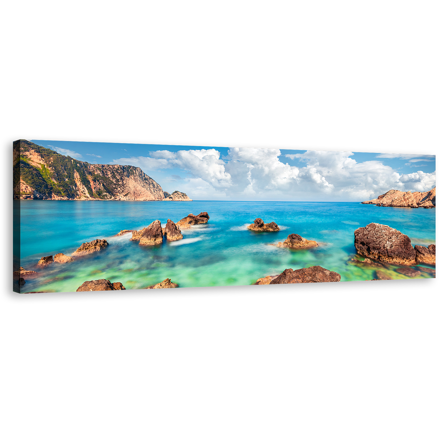 Petani Beach Canvas Wall Art, Blue Cephalonia Island 1 Piece Canvas Print, Mediterranen Sea Brown Ocean Rocks Wide Canvas