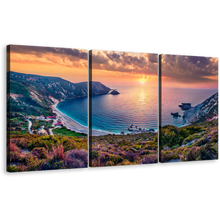 Load image into Gallery viewer, Petani Beach Canvas Wall Art, Yellow Sunset Mediterranean Sea Triptych Canvas Print, Europe Colorful Cephalonia Island 3 Piece Multiple Canvas
