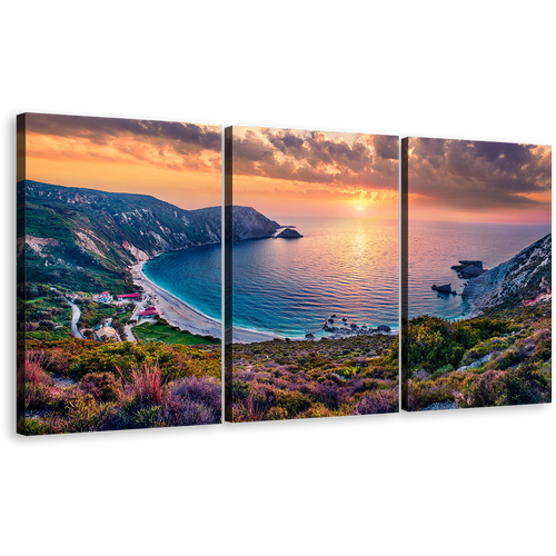 Petani Beach Canvas Wall Art, Yellow Sunset Mediterranean Sea Triptych Canvas Print, Europe Colorful Cephalonia Island 3 Piece Multiple Canvas