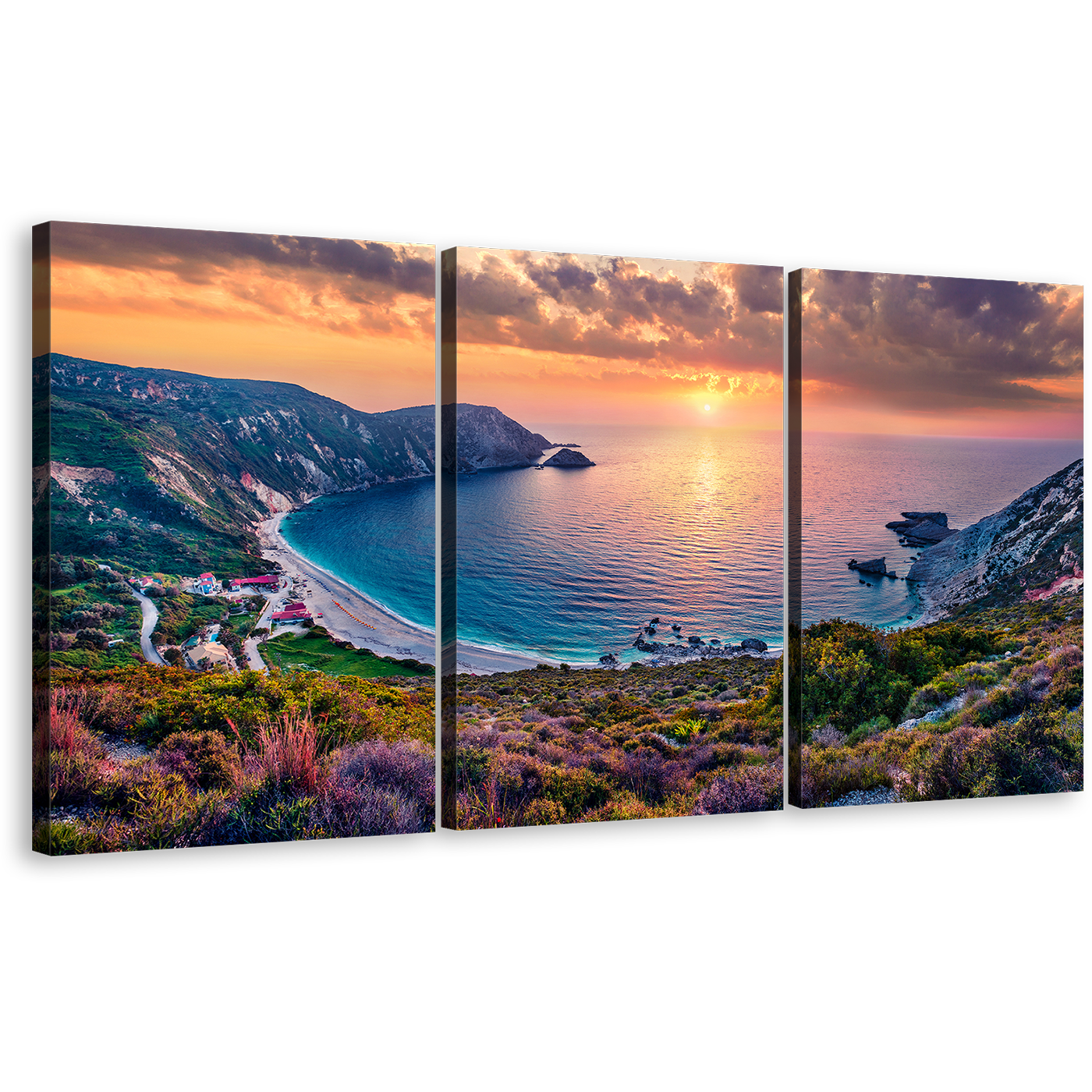 Petani Beach Canvas Wall Art, Yellow Sunset Mediterranean Sea Triptych Canvas Print, Europe Colorful Cephalonia Island 3 Piece Multiple Canvas