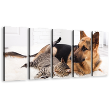 Load image into Gallery viewer, Pets Portrait Canvas Print, Brown Black Dog and Cat 5 Piece Canvas Wall Art, Cat and Dog Chilling Multiple Canvas
