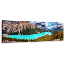 Load image into Gallery viewer, Peyto Lake Wall Art, Alberta Blue Cloudy Sky Canvas Print, Canada Banff National Park Green Trees Panoramic Canvas Art
