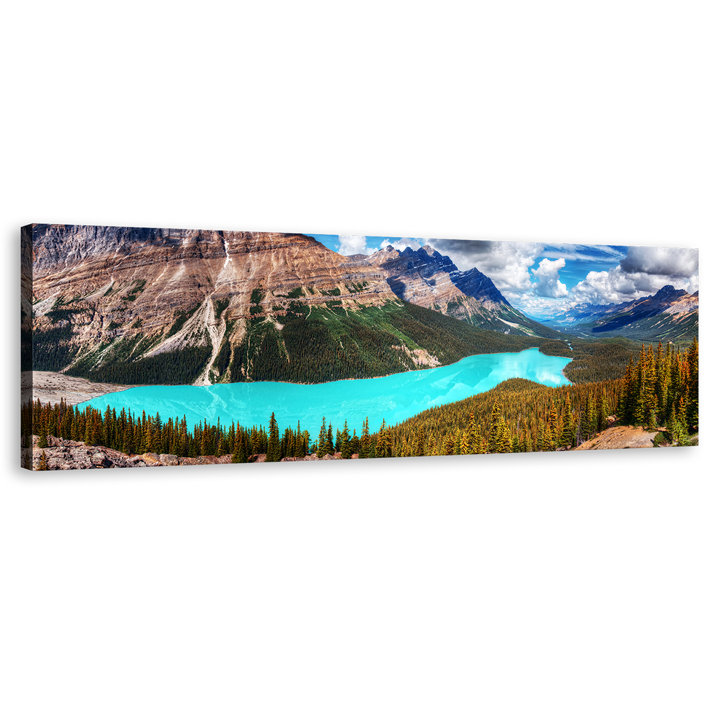 Peyto Lake Wall Art, Alberta Blue Cloudy Sky Canvas Print, Canada Banff National Park Green Trees Panoramic Canvas Art