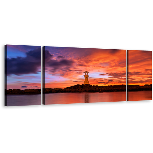 Phang Nga Wall Art, Khao Lak Orange Sunset 3 Piece Canvas Set, Red Lake Lighthouse Light Beacon Canvas Print