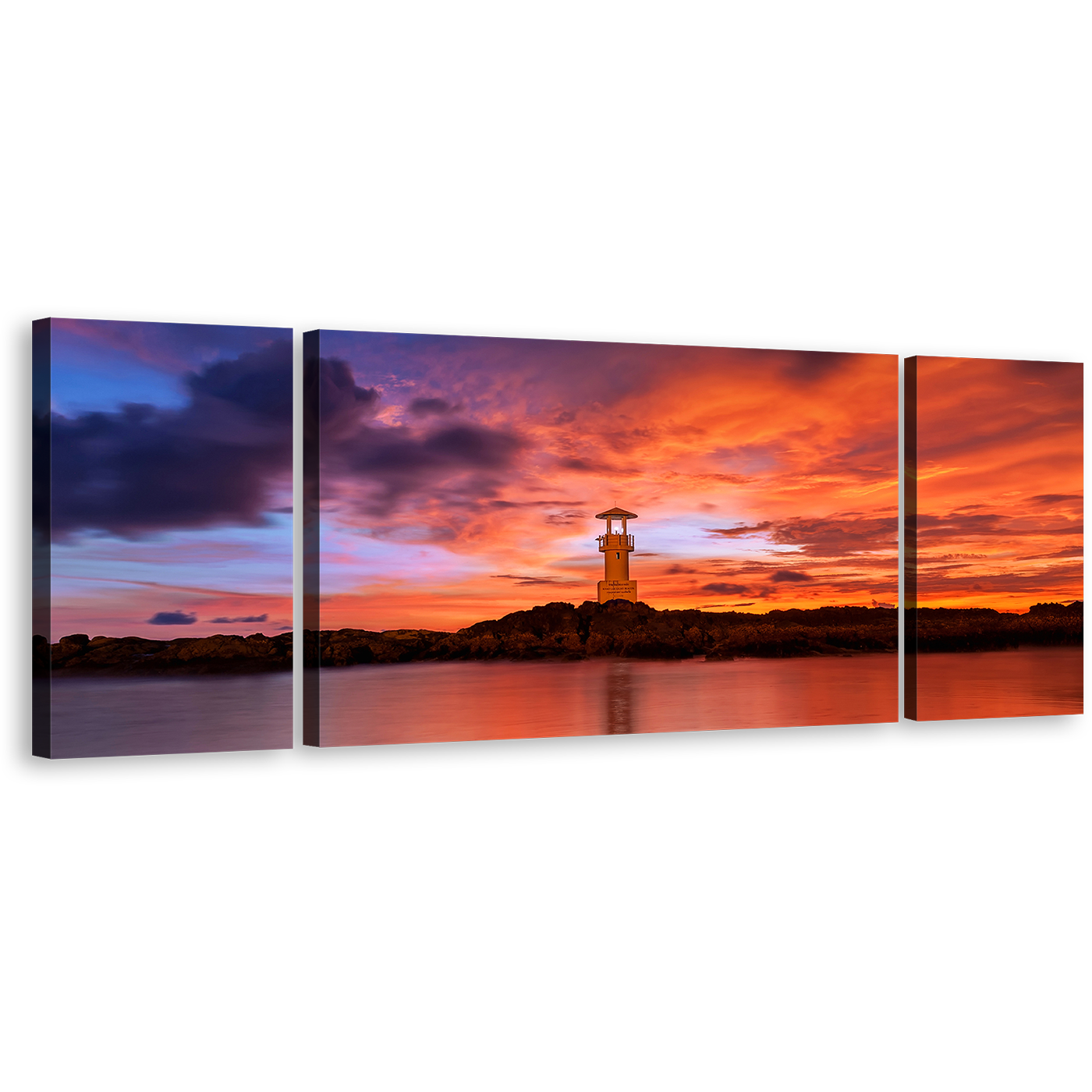 Phang Nga Wall Art, Khao Lak Orange Sunset 3 Piece Canvas Set, Red Lake Lighthouse Light Beacon Canvas Print