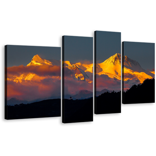 Phewa Lake Canvas Print, Orange Sunlight White Snow Canvas Set, Pokhara Fishtail Machhapuchhre Landscape 4 Piece Wall Art