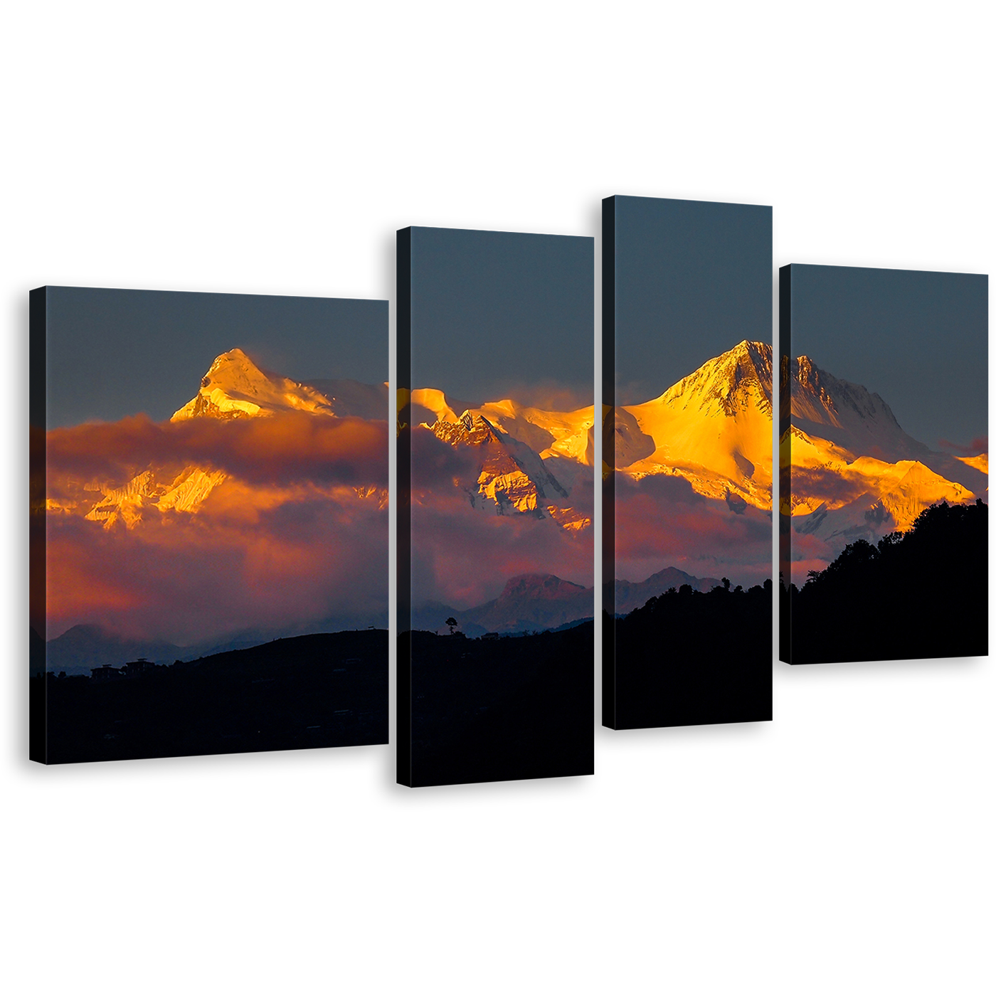 Phewa Lake Canvas Print, Orange Sunlight White Snow Canvas Set, Pokhara Fishtail Machhapuchhre Landscape 4 Piece Wall Art