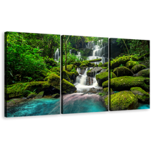 Load image into Gallery viewer, Phu Thap Boek Canvas Wall Art, White Phetchabun Thailand Waterfall Triptych Multi Canvas Artwork, Green Mountain Waterfall 3 Piece Canvas Print
