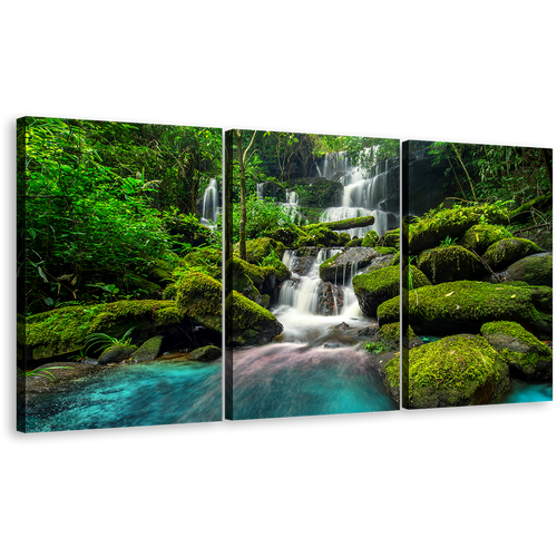 Phu Thap Boek Canvas Wall Art, White Phetchabun Thailand Waterfall Triptych Multi Canvas Artwork, Green Mountain Waterfall 3 Piece Canvas Print