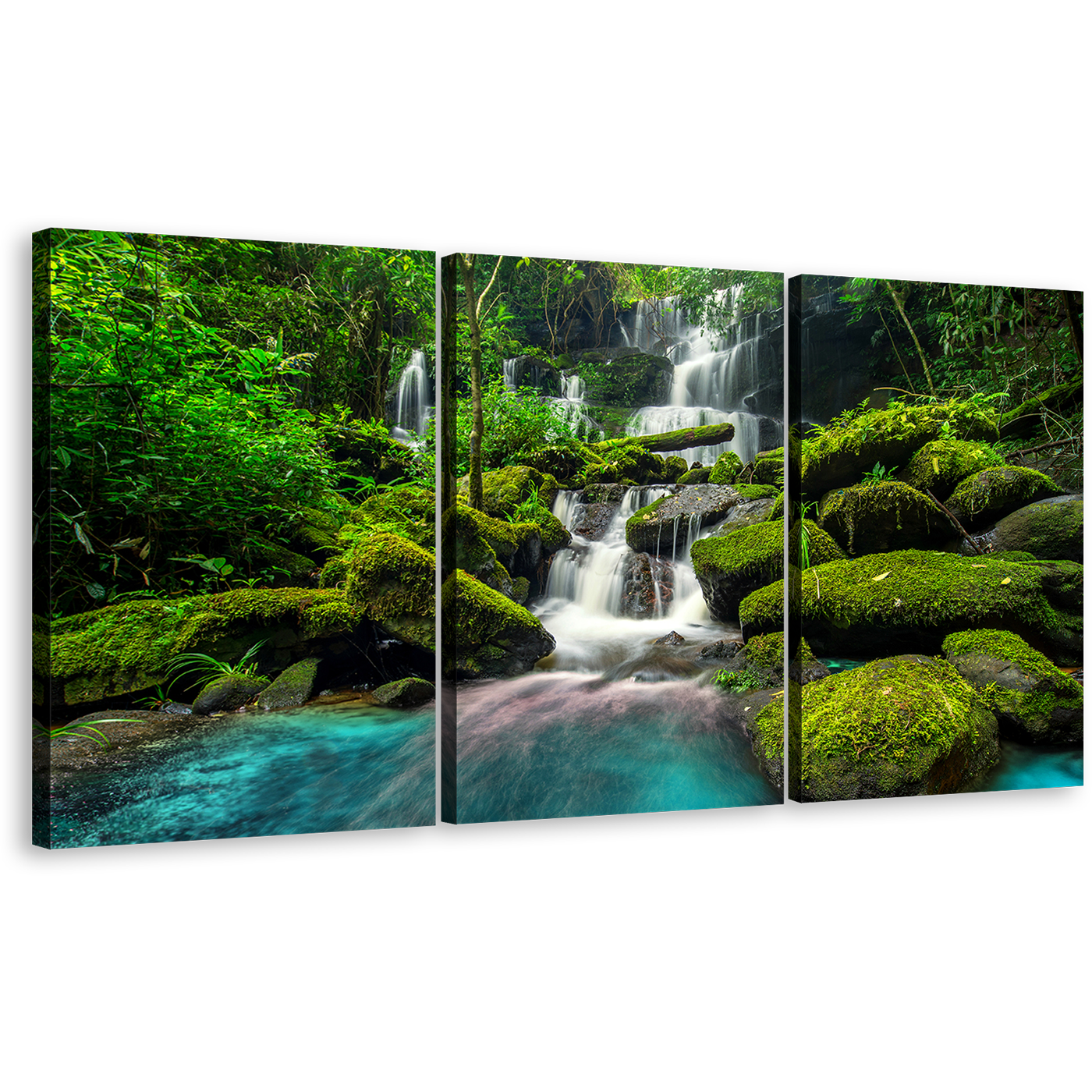 Phu Thap Boek Canvas Wall Art, White Phetchabun Thailand Waterfall Triptych Multi Canvas Artwork, Green Mountain Waterfall 3 Piece Canvas Print