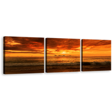 Load image into Gallery viewer, Phuket Ocean Canvas Wall Art, Thailand Karon Beach Ocean Waves Canvas Print, Yellow Orange Cloudy Sky Ocean 3 Piece Canvas Set
