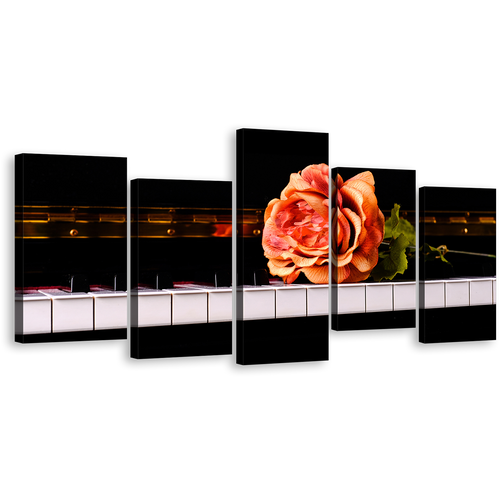 Piano Keyboard Canvas Wall Art, Vintage Pink Rose Piano 5 Piece Canvas, Black White Musical Piano Canvas Print