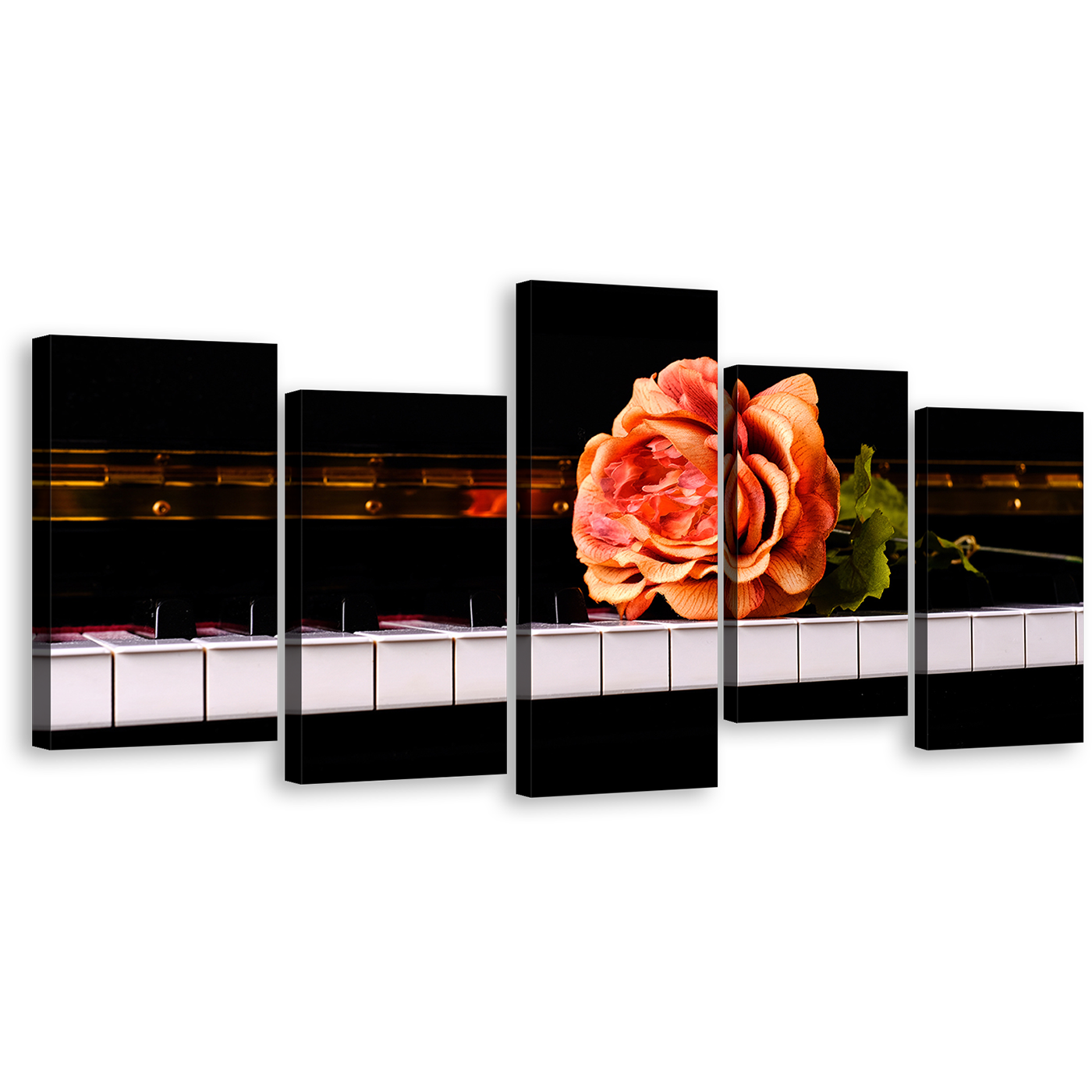 Piano Keyboard Canvas Wall Art, Vintage Pink Rose Piano 5 Piece Canvas, Black White Musical Piano Canvas Print