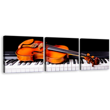 Load image into Gallery viewer, Piano Music Canvas Print, Black Musical Instruments Canvas Set, Orange Violin 3 Piece Canvas Wall Art
