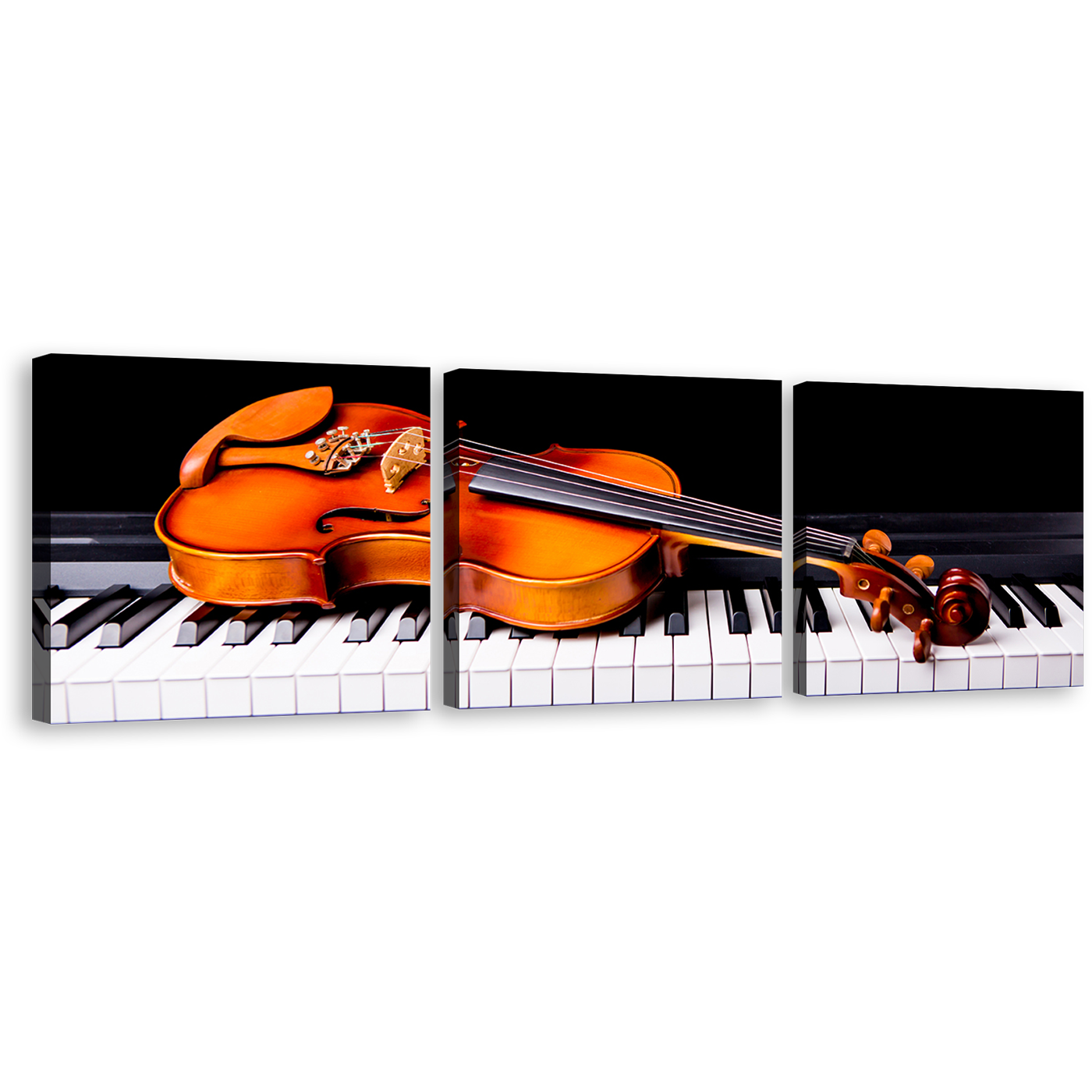 Piano Music Canvas Print, Black Musical Instruments Canvas Set, Orange Violin 3 Piece Canvas Wall Art