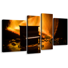 Load image into Gallery viewer, Piano Music Canvas Wall Art, Isolated Black Piano 4 Piece Canvas Set, Orange Abstract Musical Instrument Canvas Print
