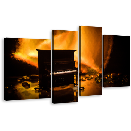 Piano Music Canvas Wall Art, Isolated Black Piano 4 Piece Canvas Set, Orange Abstract Musical Instrument Canvas Print