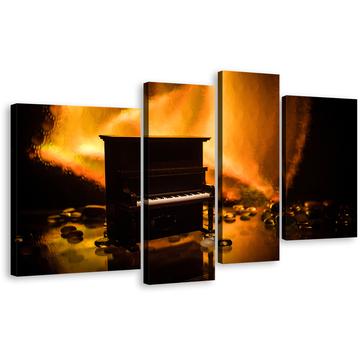 Piano Music Canvas Wall Art, Isolated Black Piano 4 Piece Canvas Set, Orange Abstract Musical Instrument Canvas Print